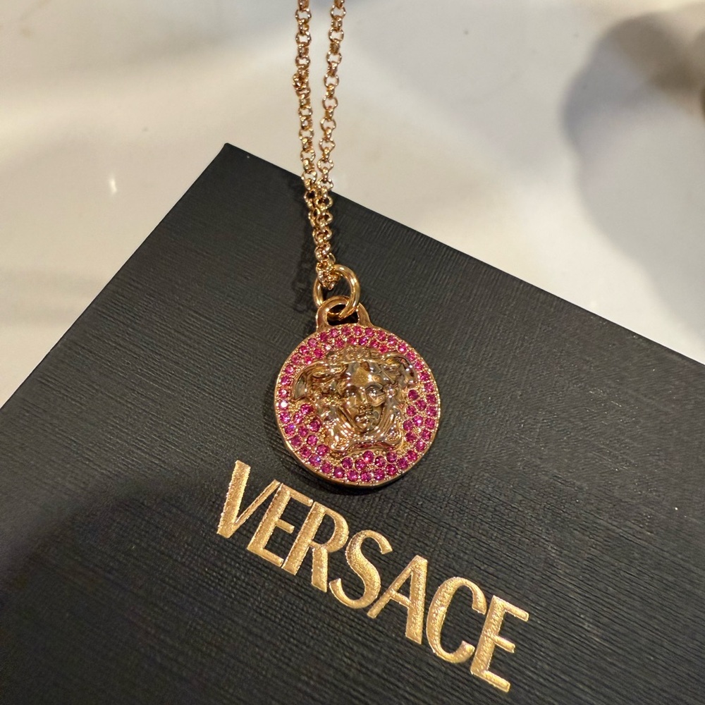 Versace Gold Necklace with Pink Medusa Pendant